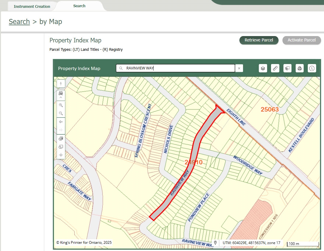 Map zoomed in to street level, Ravinview Ave outlined in red