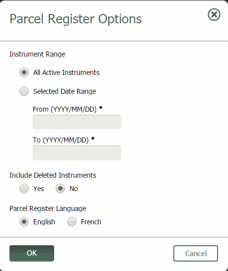 Parcel Register Options Window