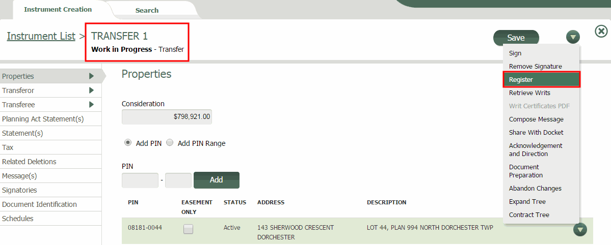 Register from any branch in the Instrument