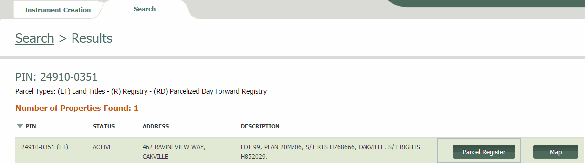Search a Property by PIN Results