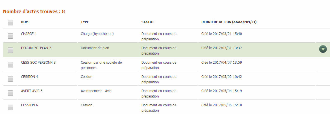 Liste des actes