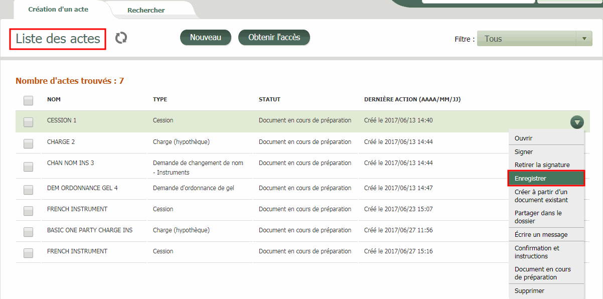 Enregistrer depuis la liste des actes