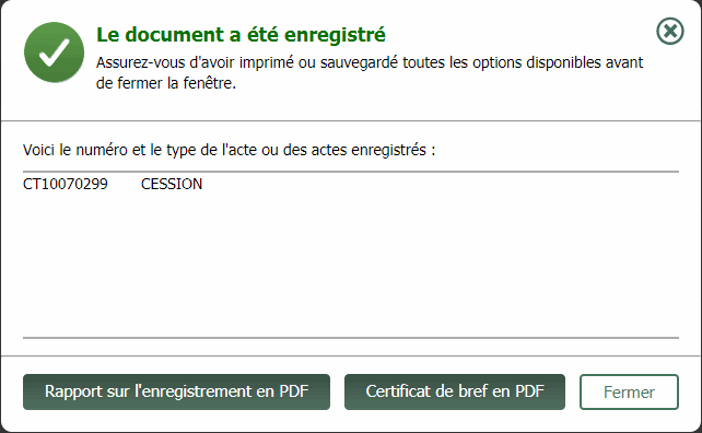 Message de succès d'enregistrement