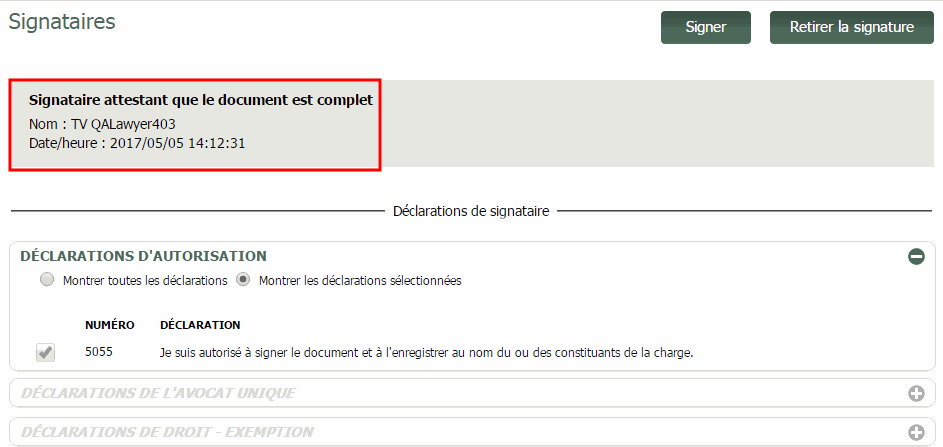 Affichage de la signature dans la branche Signataires