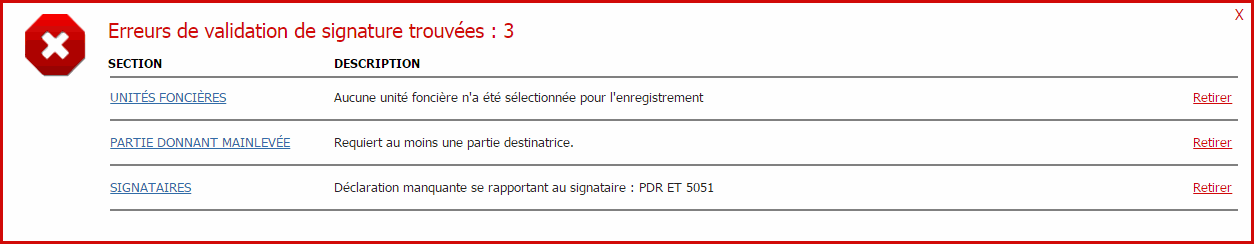 Panneau Erreurs de validation de signature trouvées