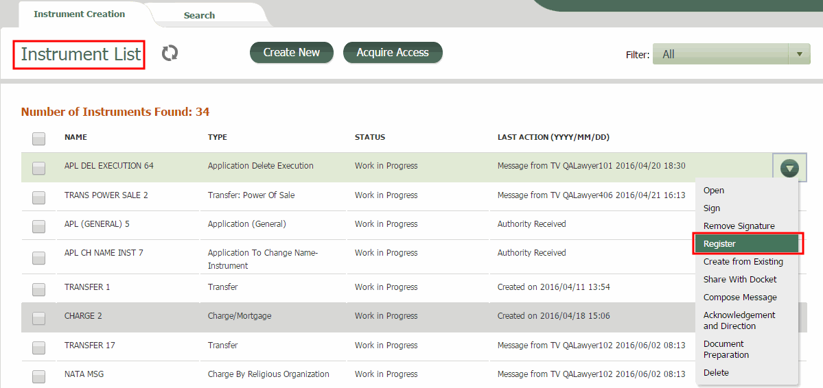 Register from the Instrument List