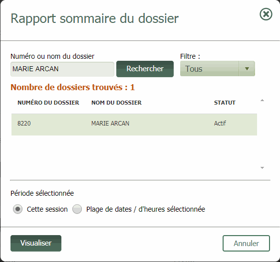 Fenêtre Rapport sommaire du dossier - Résultats de recherche
