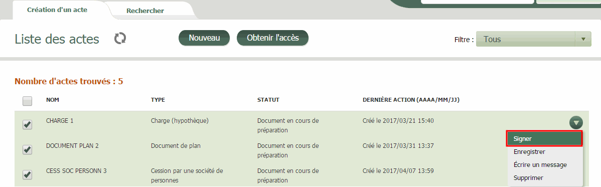 Signer un acte ou plus depuis la liste des actes