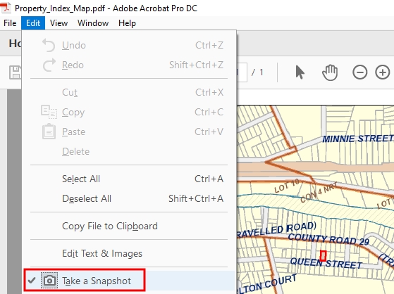 Adobe menu displaying Edit > Take a Snapshot