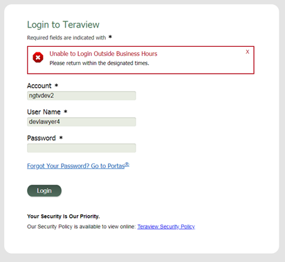 Teraview login screen unavailable